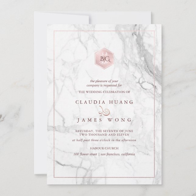 Double Happiness Marble Faux Rose Gold, Chinese Invitation (Back)
