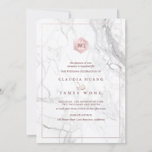 Double Happiness Marble Faux Rose Gold Chinese Invitation