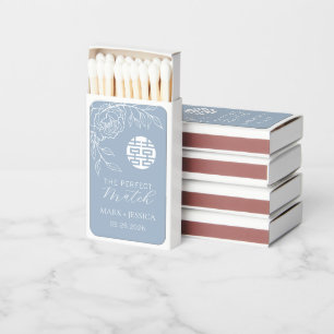 Double Happiness Peonies Blue Wedding Match Boxes