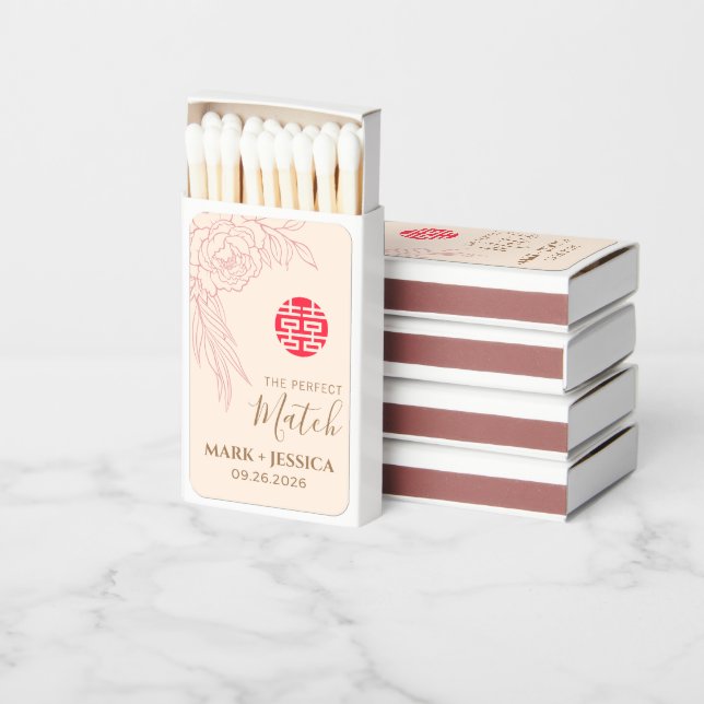 Double Happiness Peonies Wedding Match Boxes (Stacked)