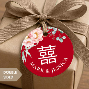 Double Happiness Peony Red Wedding Round Favor Tags