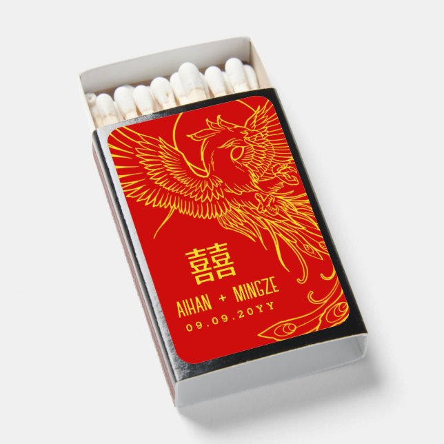 Double Happiness | Phoenix Flame Wedding Favor Matchboxes (Front Open)