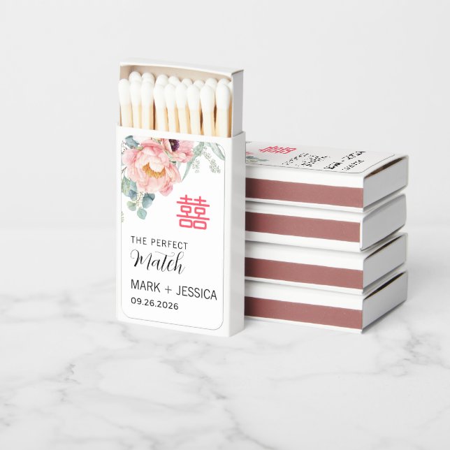 Double Happiness Pink Flower Wedding Match Boxes (Stacked)