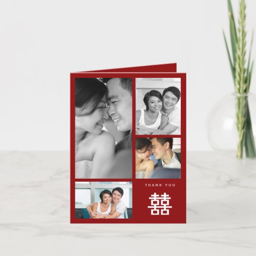 Double Happiness Red Chinese Wedding Photo Collage Thank You Card