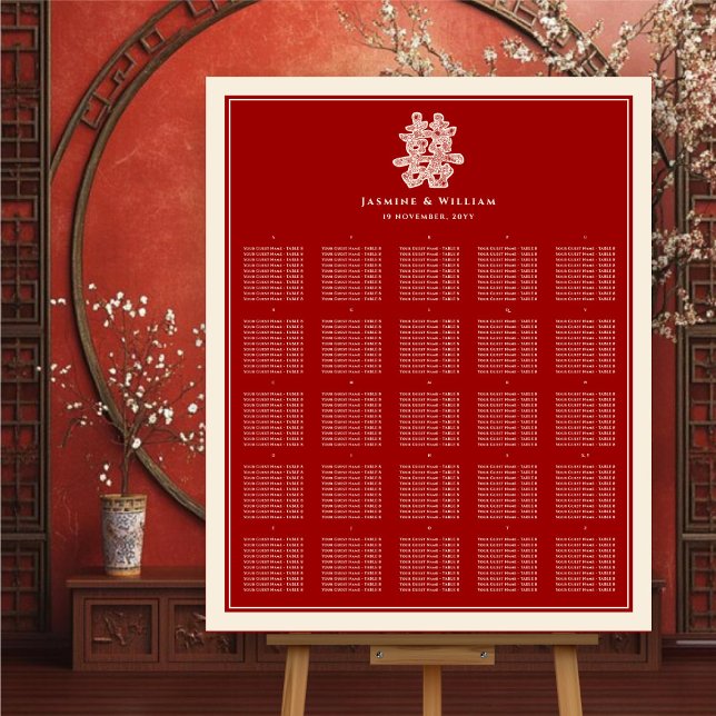Double Happiness Red Chinese Wedding Seating Chart Foam Board (Paper Cut Floral Double Happiness Red Chinese Wedding Seating Chart Foam Board @ fatfatin_red_knot)
