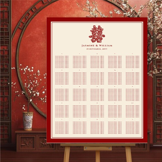 Double Happiness Red Chinese Wedding Seating Chart Foam Board (Paper Cut Floral Double Happiness Red Chinese Wedding Seating Chart Foam Board @ fatfatin_red_knot)