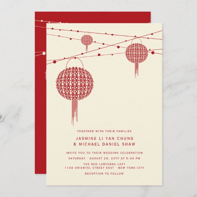 Double Happiness Red Lanterns Chic Chinese Wedding Invitation (Front/Back)