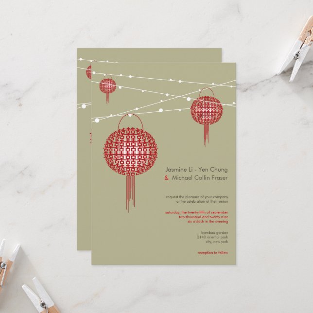 Double Happiness Red Lanterns Chic Chinese Wedding Invitation (Front/Back In Situ)