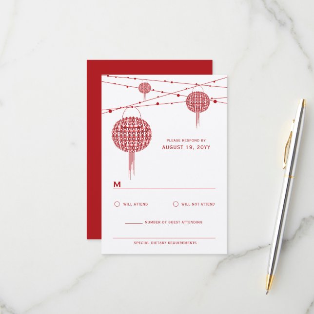 Double Happiness Red Lanterns Chic Chinese Wedding RSVP Card (Front/Back In Situ)