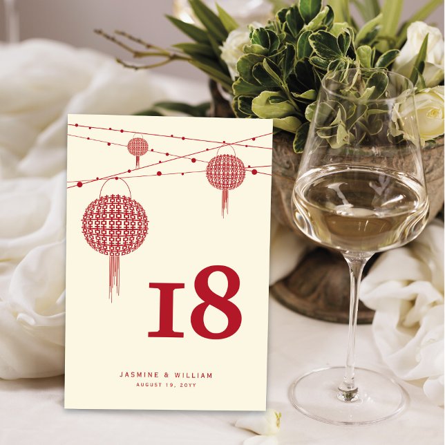 Double Happiness Red Lanterns Chic Chinese Wedding Table Number (Creator Uploaded)