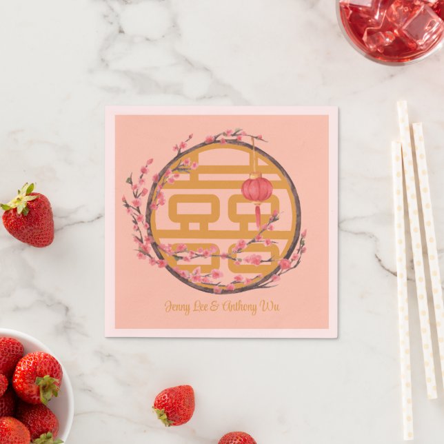 Double Happiness Sakura Chinese Wedding Napkins (Insitu)