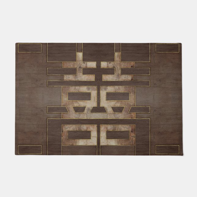 Double Happiness Symbol Geometric Gold on Wood Doormat (Front)