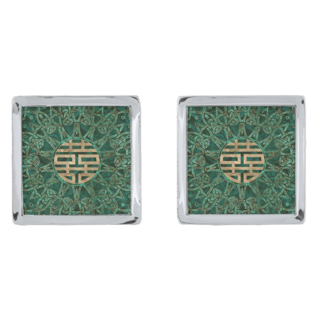 Double Happiness Symbol Gold and Malachite Cufflinks (Front)