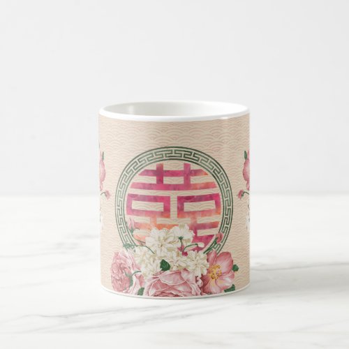 Double Happiness Symbol on Gentle Peony pattern Coffee Mug