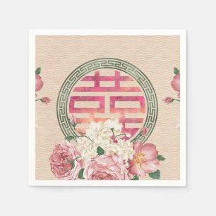 Double Happiness Symbol on Gentle Peony pattern Paper Napkins