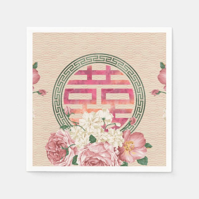 Double Happiness Symbol on Gentle Peony pattern Paper Napkins (Front)