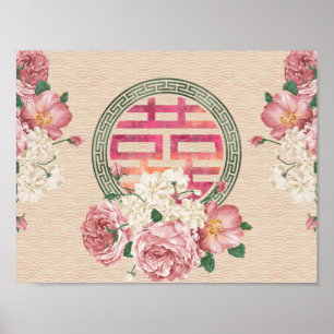 Double Happiness Symbol on Gentle Peony pattern Poster
