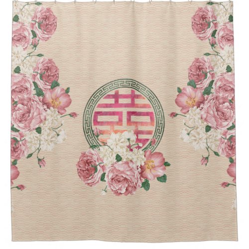 Double Happiness Symbol on Gentle Peony pattern Shower Curtain