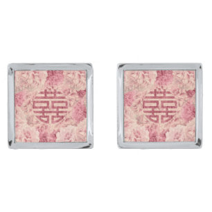 Double Happiness Symbol on  Peony flowers Cufflinks