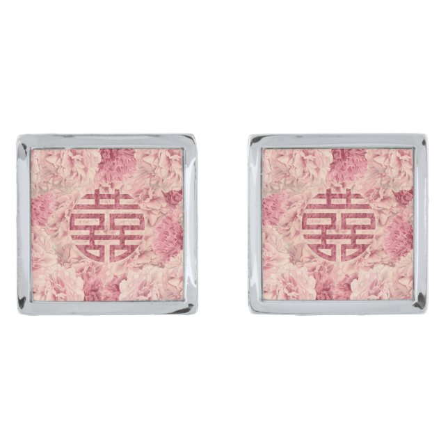 Double Happiness Symbol on  Peony flowers Cufflinks (Front)