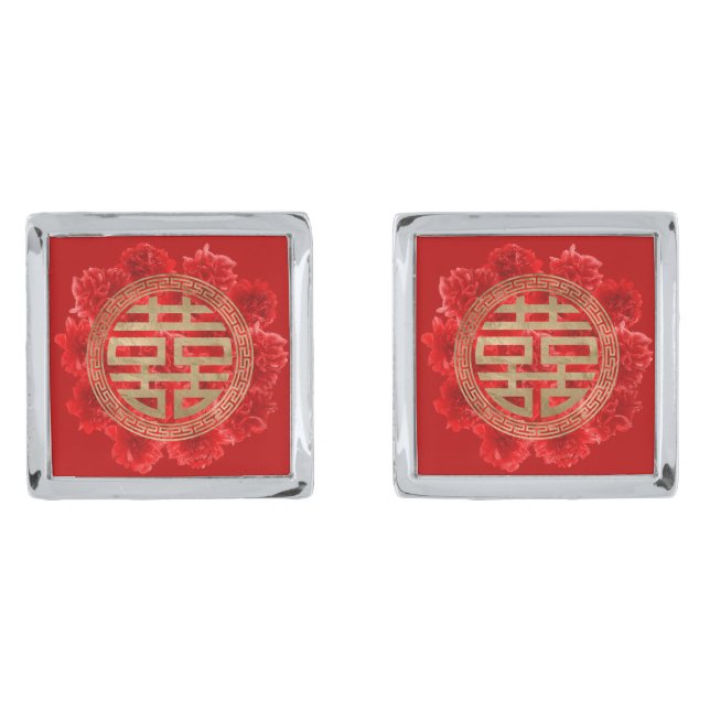Double Happiness Symbol on Red Peonies Cufflinks (Front)