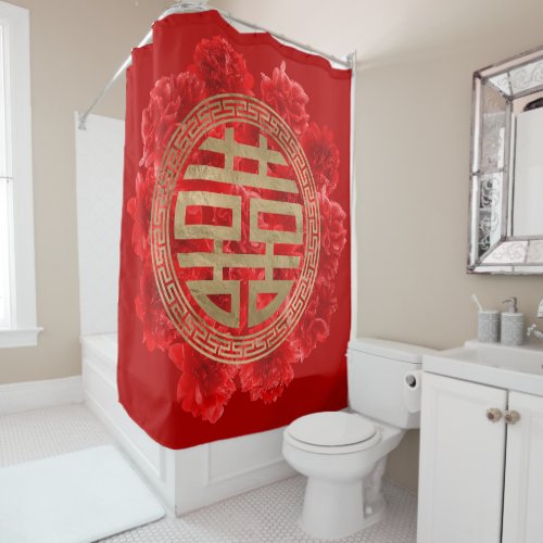 Double Happiness Symbol on Red Peonies Shower Curtain