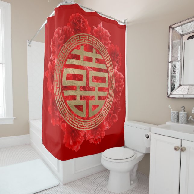 Double Happiness Symbol on Red Peonies Shower Curtain (In Situ)