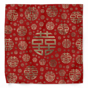 Double Happiness Symbol pattern - Gold on red Bandana