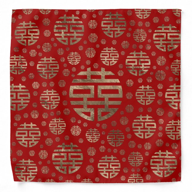 Double Happiness Symbol pattern - Gold on red Bandana (Front)