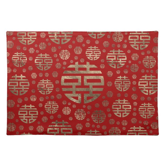 Double Happiness Symbol pattern - Gold on red Cloth Placemat (Front)