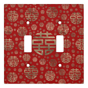 Double Happiness Symbol pattern - Gold on red Light Switch Cover