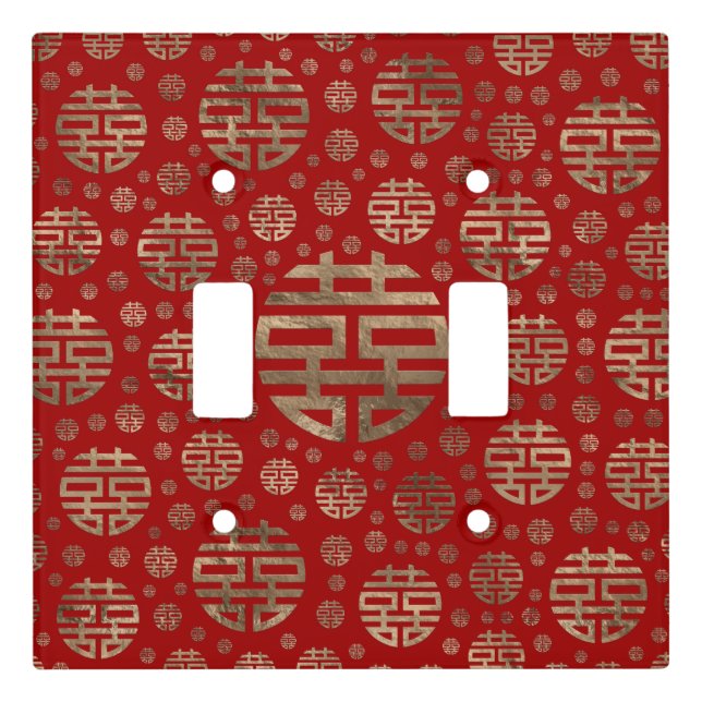 Double Happiness Symbol pattern - Gold on red Light Switch Cover (Front)