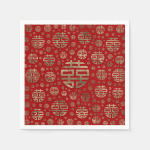 Double Happiness Symbol pattern - Gold on red Napkins