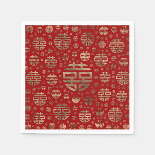 Double Happiness Symbol pattern - Gold on red Napkins (Front)