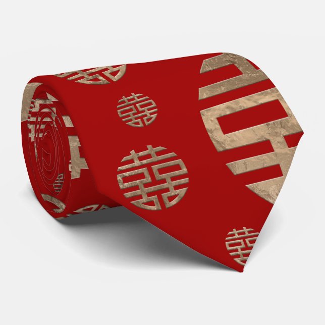 Double Happiness Symbol pattern - Gold on red Neck Tie (Rolled)