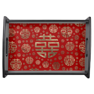 Double Happiness Symbol pattern - Gold on red Serving Tray