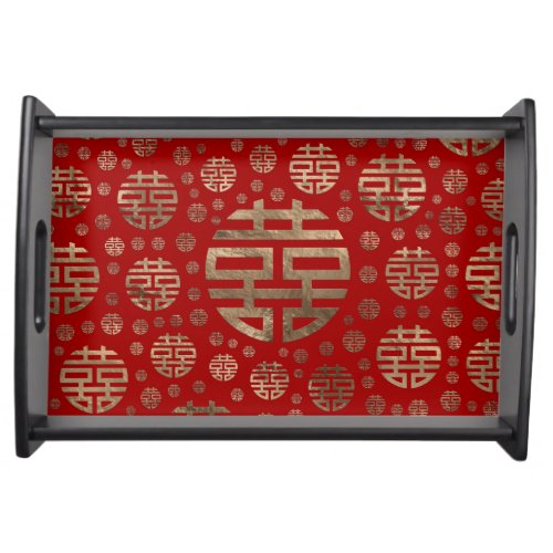 Double Happiness Symbol pattern _ Gold on red Serving Tray