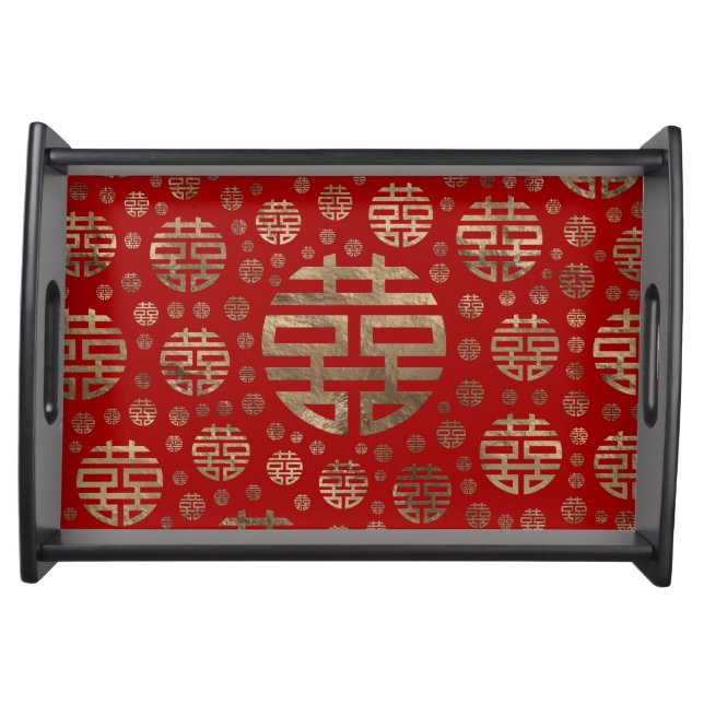 Double Happiness Symbol pattern - Gold on red Serving Tray (Front)