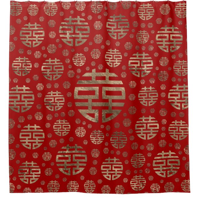 Double Happiness Symbol pattern - Gold on red Shower Curtain (Front)