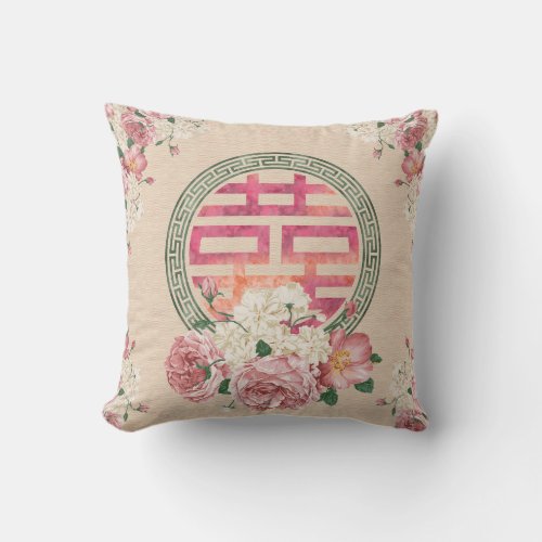 Double Happiness Symbol with Peonies Throw Pillow