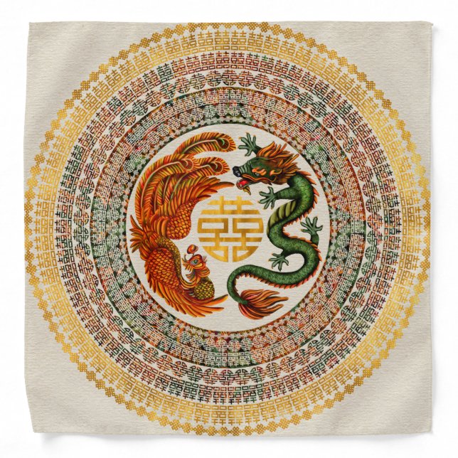 Double Happiness Symbol with Phoenix and Dragon Bandana (Front)