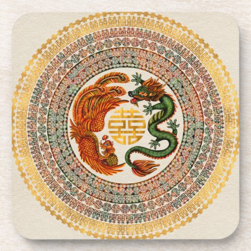 Double Happiness Symbol with Phoenix and Dragon Beverage Coaster