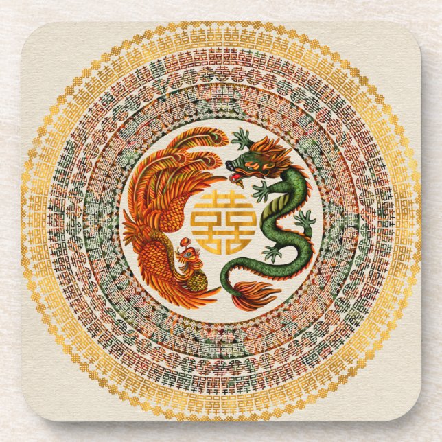 Double Happiness Symbol with Phoenix and Dragon Beverage Coaster (Front)