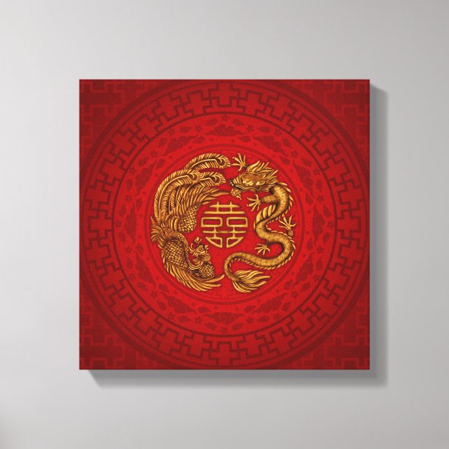 Double Happiness Symbol with Phoenix and Dragon Canvas Print (Front)
