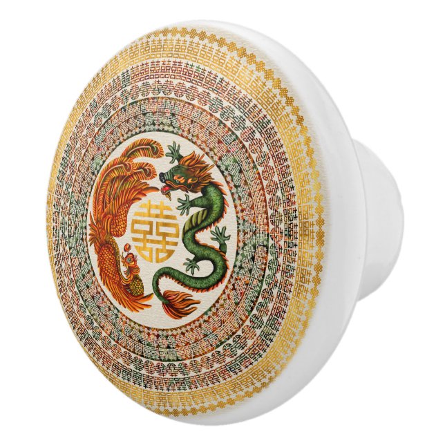 Double Happiness Symbol with Phoenix and Dragon Ceramic Knob (Right)