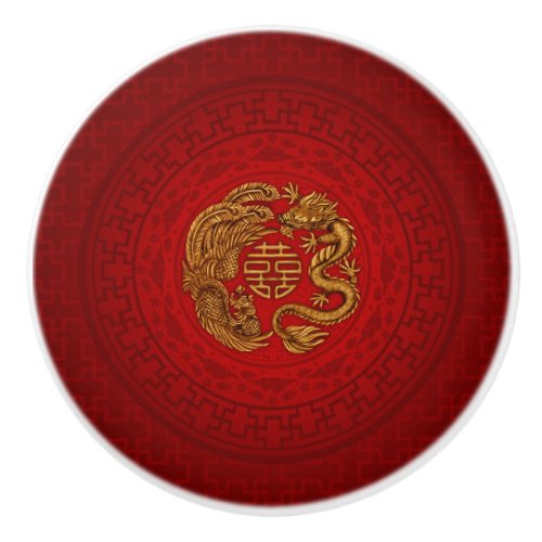 Double Happiness Symbol with Phoenix and Dragon Ceramic Knob