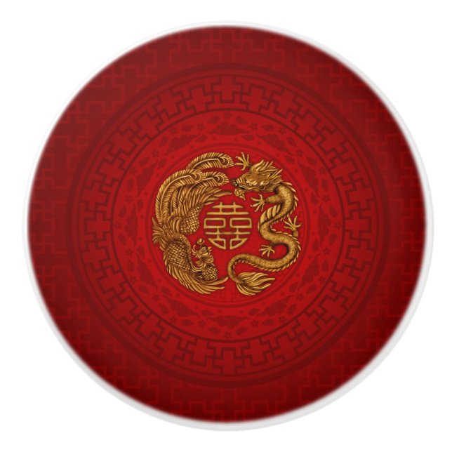 Double Happiness Symbol with Phoenix and Dragon Ceramic Knob (Front)