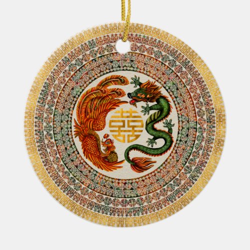 Double Happiness Symbol with Phoenix and Dragon Ceramic Ornament