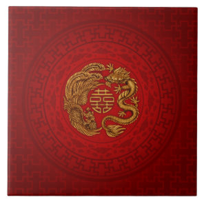 Double Happiness Symbol with Phoenix and Dragon Ceramic Tile