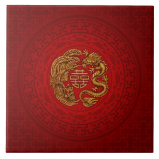 Double Happiness Symbol with Phoenix and Dragon Ceramic Tile